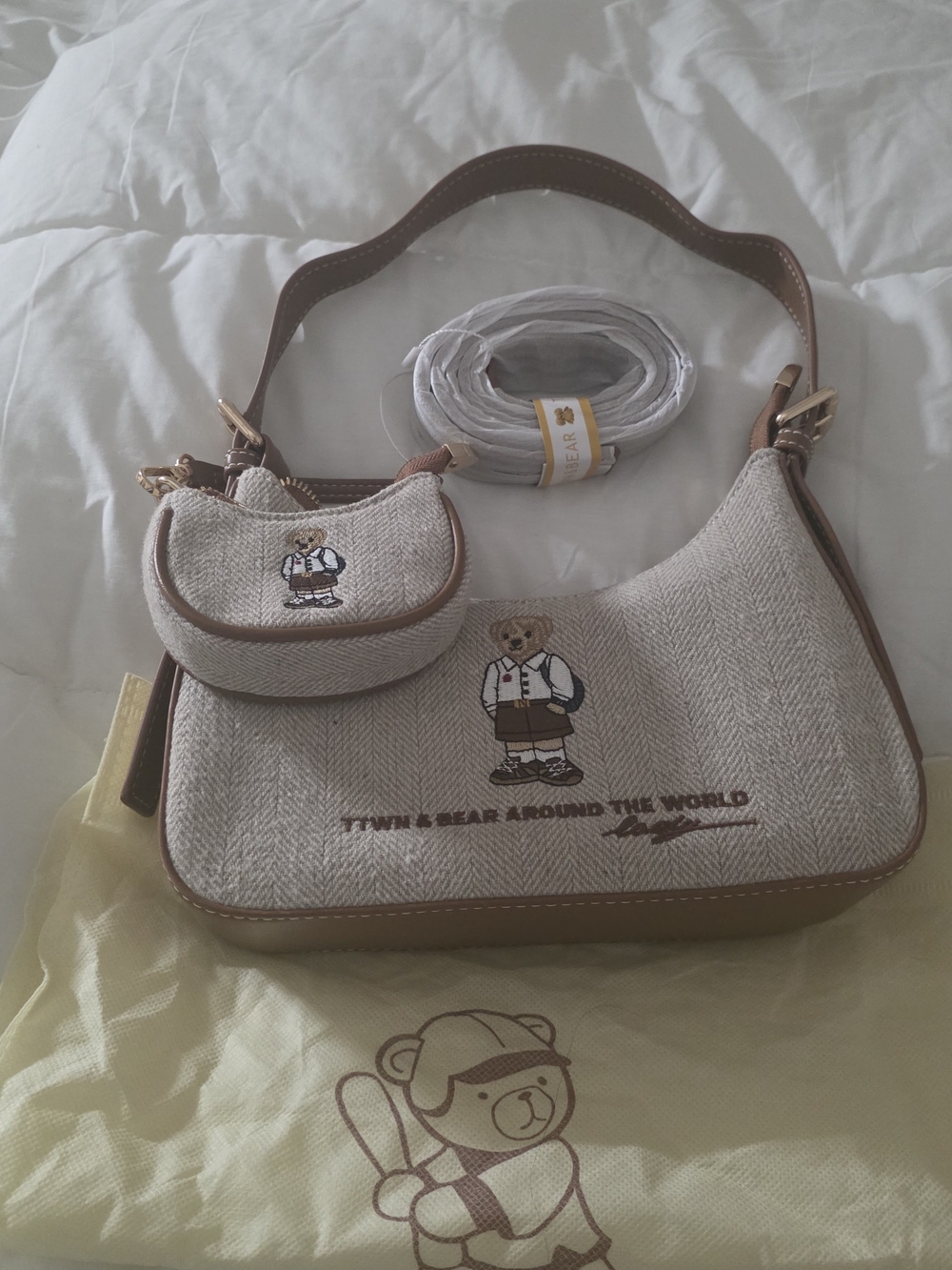 Twin Bear Beige Herringbone Crossbody Bag with Bear Motif